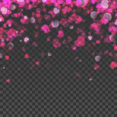 Valentines day background with bokeh effect, falling hearts and confetti, editable layers on transparent background. De focused and glittering separated elements. Vector illustration.