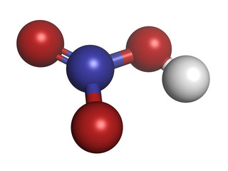 Nitric acid (HNO3) strong mineral acid molecule, 3D rendering. 