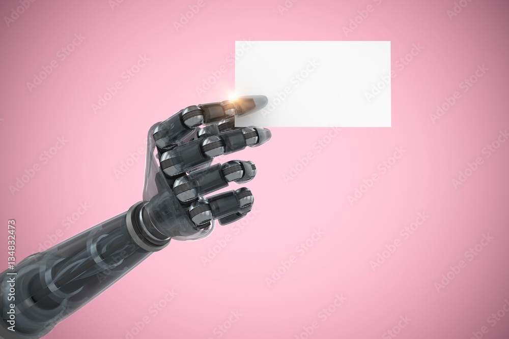 Poster composite image of digitally generated robotic arm holding blank
