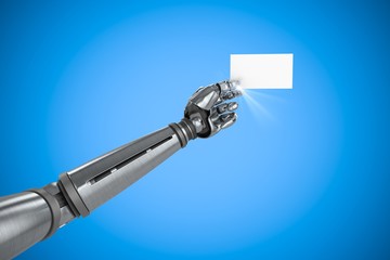 Composite image of graphic image of robotic arm holding placard 