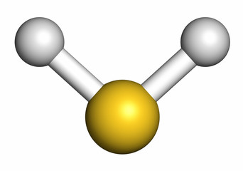 Hydrogen sulfide (H2S) molecule, 3D rendering. 
