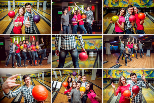 Collage of cheerful friends at the bowling alley