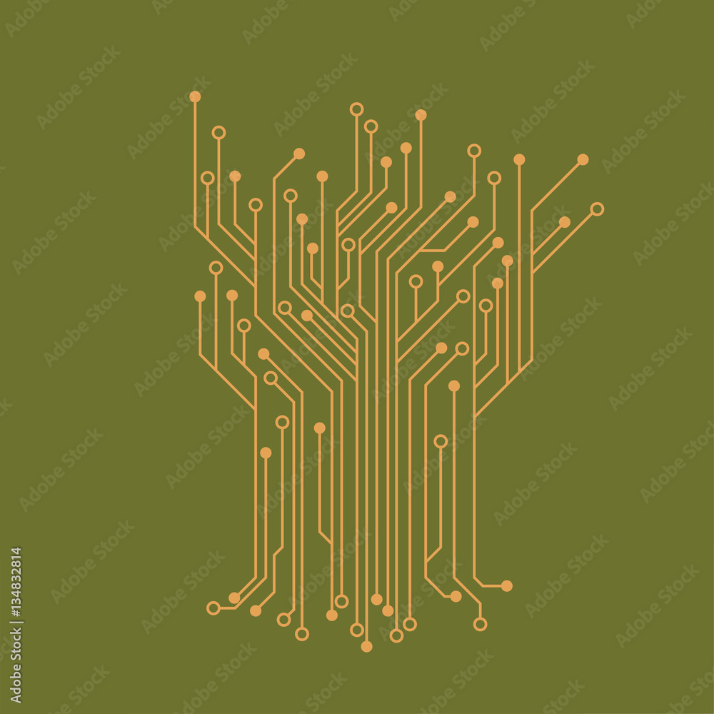 Poster flat microelectronics circuits. circuit board vector, green backgroun
