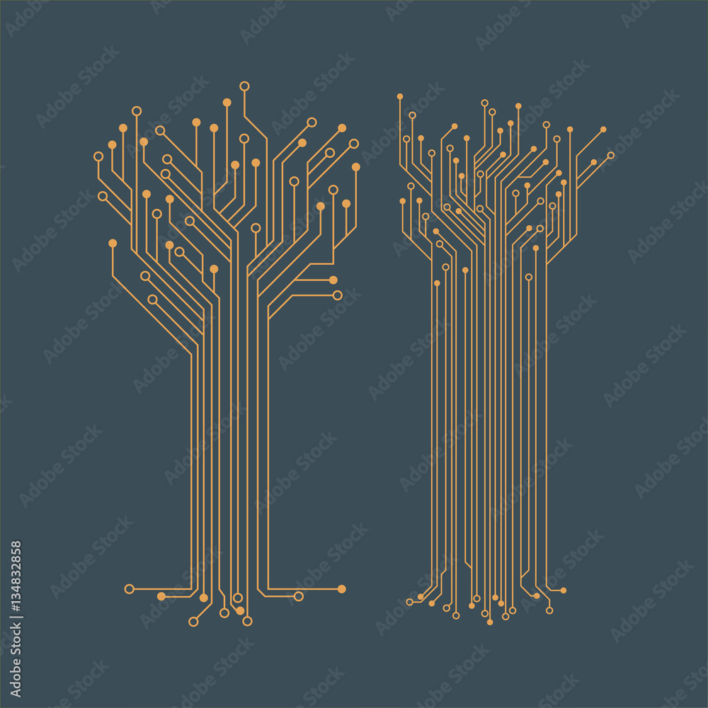 Poster flat microelectronics circuits. circuit board vector, blue background