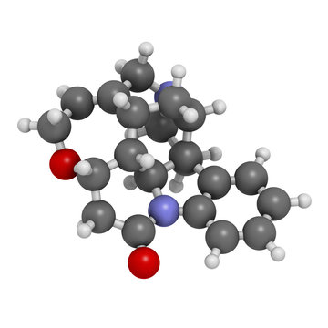 Strychnine poisonous alkaloid molecule, 3D rendering.