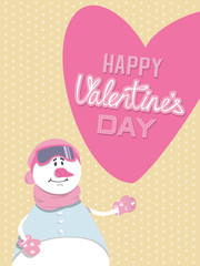 Vector illustration of a snowman in a pastel shades. Happy Valentine's Day. Background of hearts and a big pink heart.