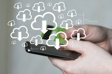 Businessman pressing modern technology panel download cloud web phone credit card