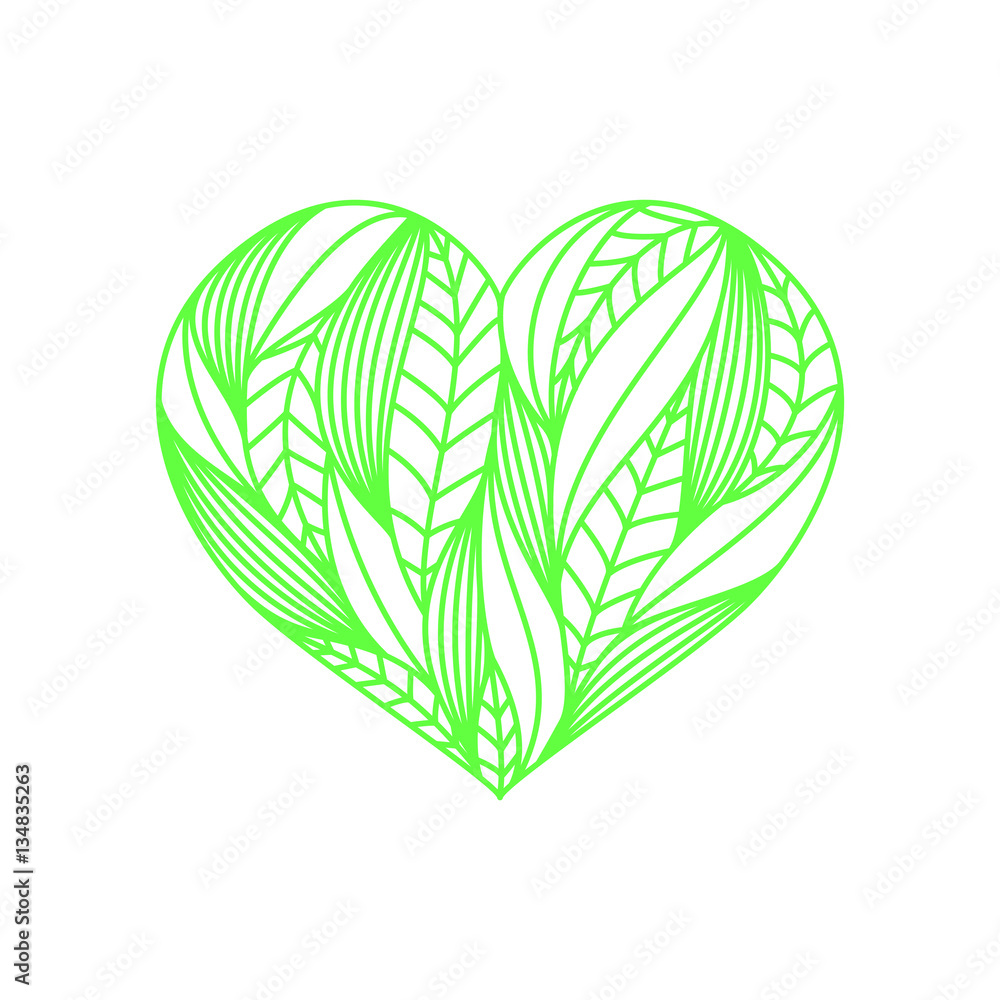 Canvas Prints Heart composition made of green linear leaves on white background