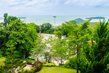 Fototapeta premium Beautiful view from Khao-Khad Views Tower, tourists can enjoy the 360-degree view such as Chalong bay, Panwa cape, Sire island, Bon island, tiny and large islands around Phuket including Phuket city.
