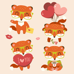 vector valentine's day fox with heart set