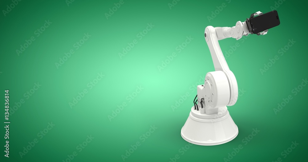 Poster composite image of composite image of robot with smart phone 3d