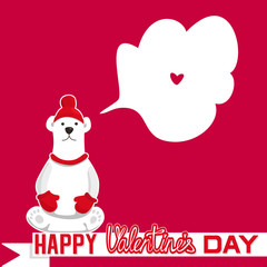 Happy Valentine's Day, vector illustration. Polar bear dreams of love, white ribbon with an inscription on a red background.