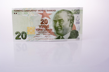 Turksh Lira banknotes of 20  on white background