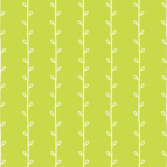 Seamless nature sketch vector pattern. White twigs on green background. Hand drawn abstract spring texture