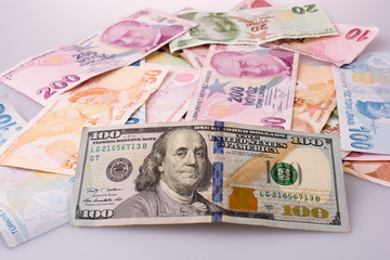 American dollar banknotes and Turksh Lira banknotes side by side