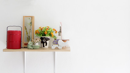 Decorated interior on shelf,  put on ceramic and food carrier