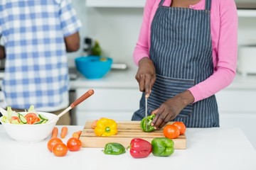 Mid-section of woman chopping vegetables in kitchen