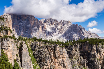 View of Tofane, a mountain group in the Dolomites of northern Italy, west of Cortina d'Ampezzo in the province of Belluno, Veneto.