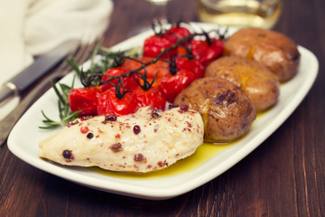 chicken with potato and tomato on dish