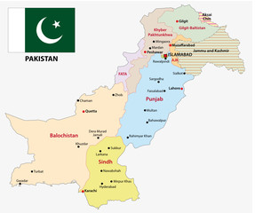 pakistan administrative and political map with flag - obrazy, fototapety, plakaty