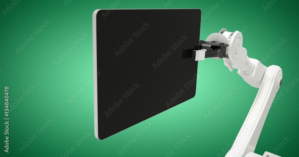Poster composite image of graphic image of digital tablet with robot 3d