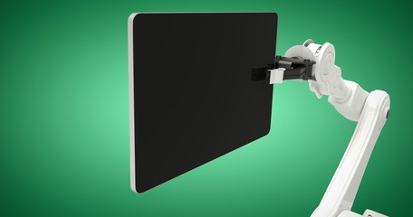 Composite image of graphic image of digital tablet with robot 3d