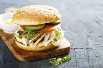 Chicken burger with cucumber and tomatoes