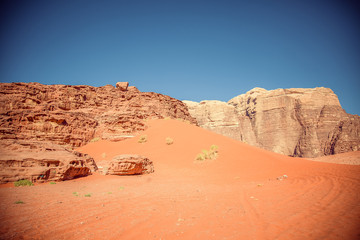 amazing mountains in desert of Wadi Rum, Petra, Jordan.