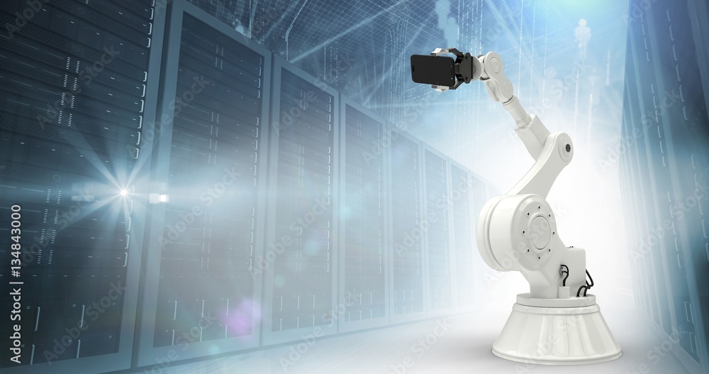 Poster composite image of graphic image of robot holding smart phone 3d