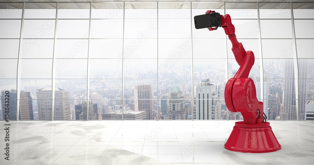 Poster composite image of composite image of red robot holding phone 3d