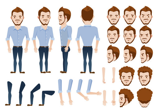 man character creation set. Icons with different types of faces and hair style, emotions,  front, rear, side view of male person. Moving arms, legs. Vector illustration