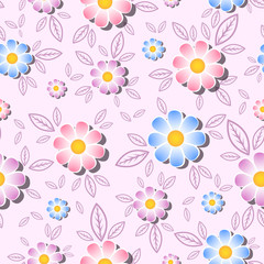 Seamless vector pattern with colorful flowers and leaves on a gentle pink background. Floral print fabric.