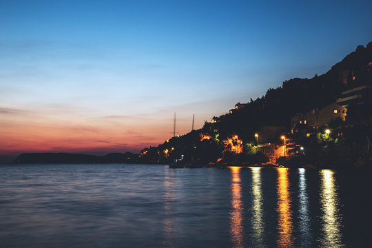 Sunset on coast of Lapad, Dubrovnik, Croatia