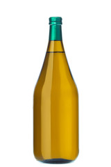 White wine on green bottle, isolated.
