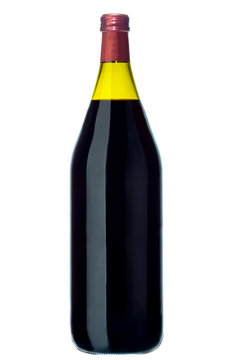 Red wine on green bottle, isolated.
