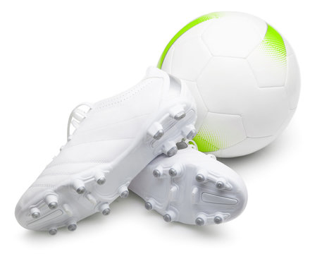 A pair of cool football boots and ball on a white background