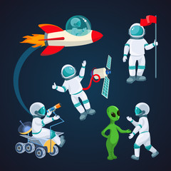 Flying rocket, spaceman with satellite, alien speaking to astronaut isolated