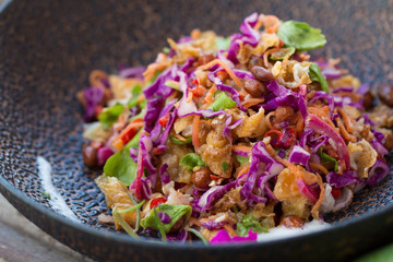 Chopped fried egg with spicy chilli and vegetable.