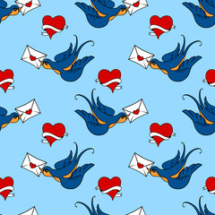 vector seamless pattern with swallow birds and hearts, made in old school tattoo style. Valentines day or wedding design.