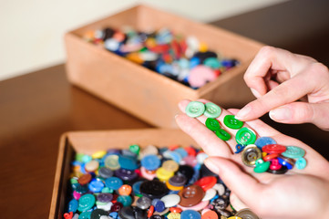 colorful sewing buttons in the hands, selection of the right but