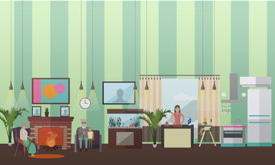 Vector illustration of grandparents, mother and children in flat style