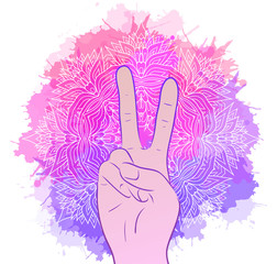 Illustration of hands with a gesture of peace. Tribal Mandala with watercolor splashes. Vector element for printing on T-shirts, covers and your design.