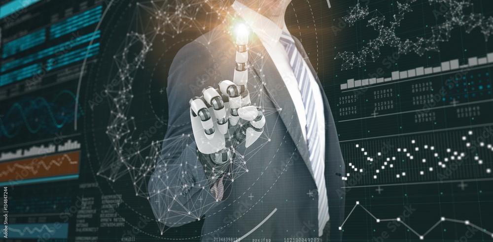 Poster composite image of composite of businessman with robotic hand 3d