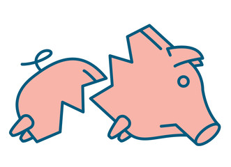 Sad broken Piggy bank or money box symbol. Thin line linear vector illustration