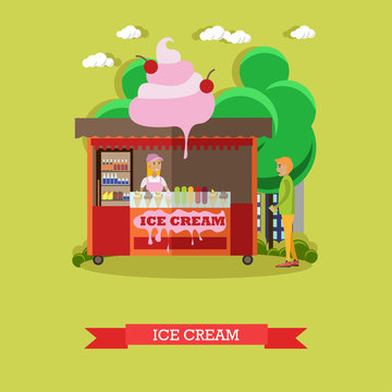 Vector illustration ice cream stall, salesgirl and buyer, flat style
