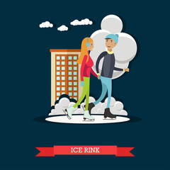 Vector illustration of young man and woman skating, flat style.