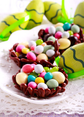 Chocolate nests filled up with egg shaped candies