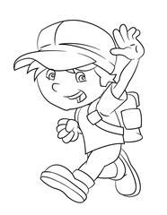 Cartoon boy looking running and smiling - coloring page - illustration for children