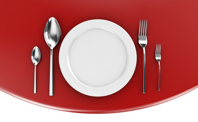 empty plates, spoon, fork and knife on a marble base. 3D illustr