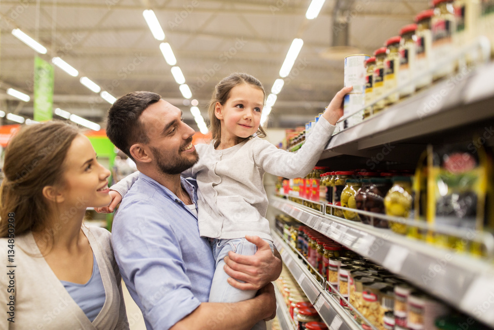 Canvas Prints happy family buying food at grocery store